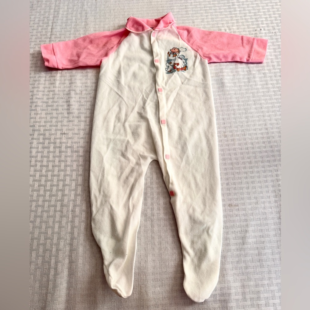 Vintage Baby Duck Footed Sleeper Pink White 3-6M Retro Snap Pajamas